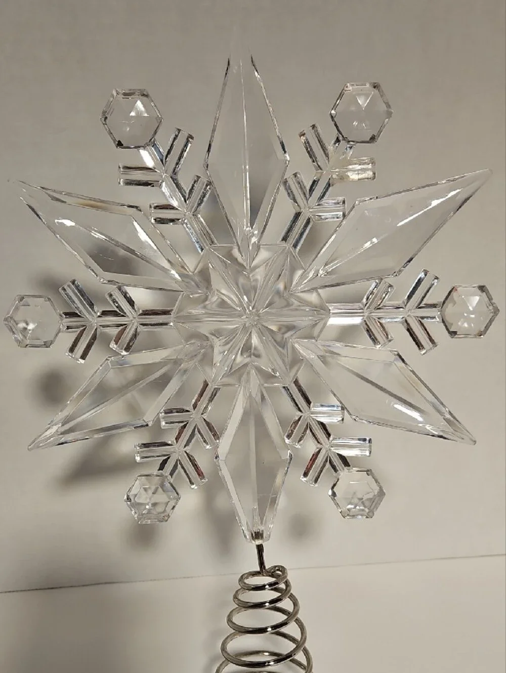 Clear Snowflake Tree Topper with Silver Coil Base - Holiday Decor